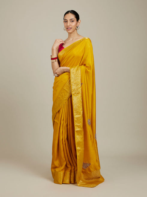 Mohey Mustard Yellow Buta Embroidered Saree with Scalloped Borders