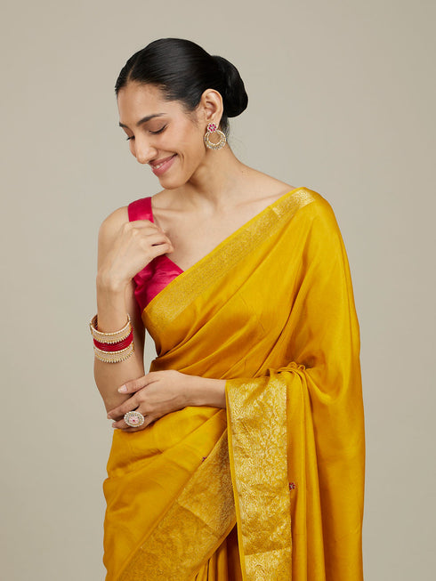 Mohey Mustard Yellow Buta Embroidered Saree with Scalloped Borders