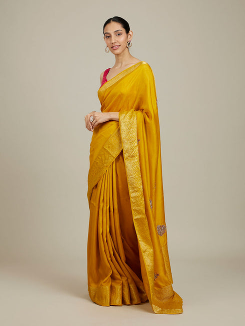 Mohey Mustard Yellow Buta Embroidered Saree with Scalloped Borders