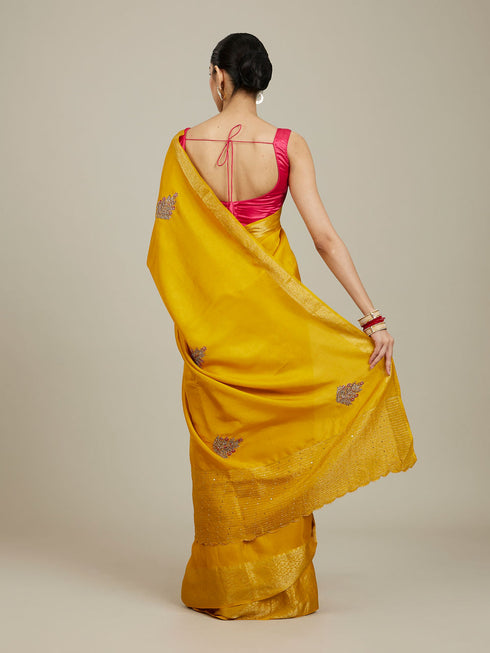 Mohey Mustard Yellow Buta Embroidered Saree with Scalloped Borders
