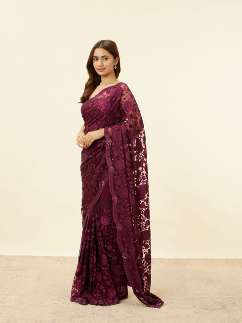 Mohey Wine Red Floral Embroidered Saree