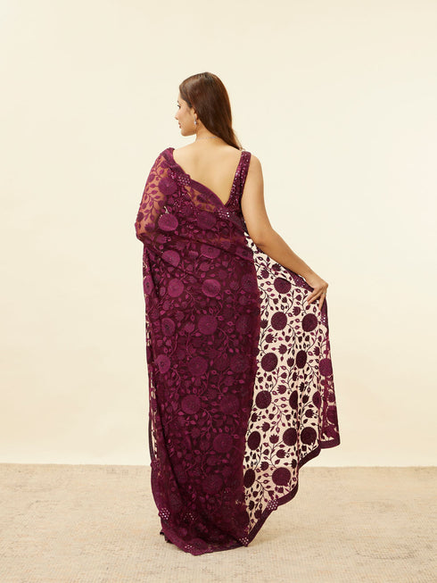 Mohey Wine Red Floral Embroidered Saree