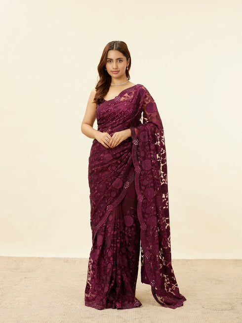 Mohey Wine Red Floral Embroidered Saree