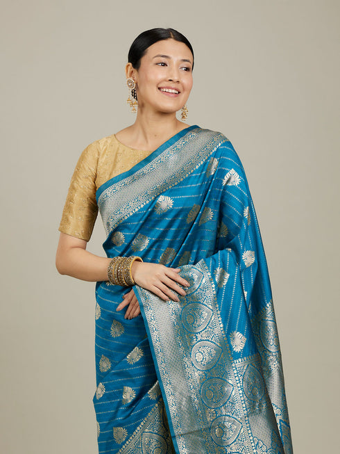Mohey True Blue Paisley Bordered Saree