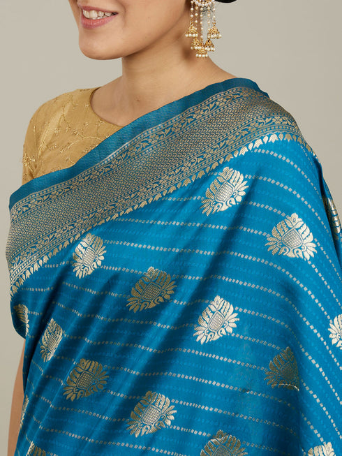 Mohey True Blue Paisley Bordered Saree