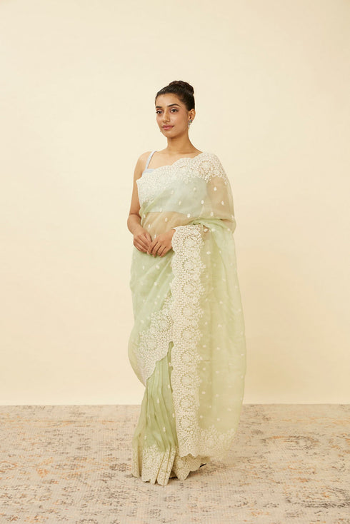 Mohey Pistachio Green Saree with Floral Vine Patterned Borders