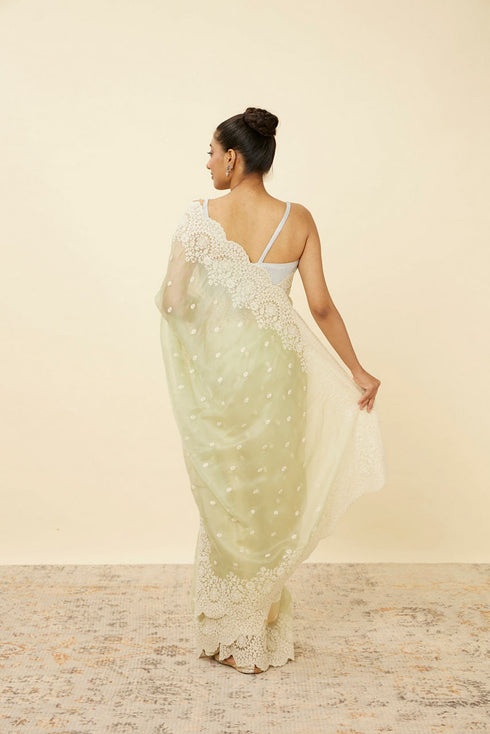 Mohey Pistachio Green Saree with Floral Vine Patterned Borders
