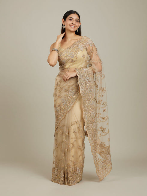 Mohey Warm Beige Bel Buti Patterned Stone Work Saree