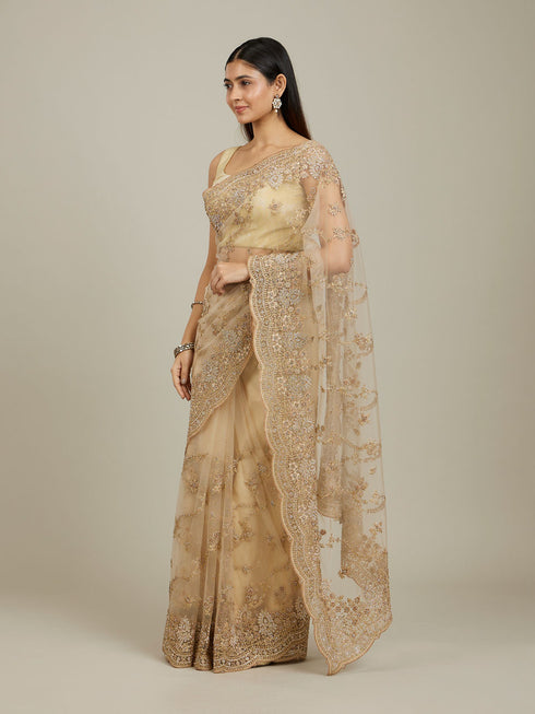 Mohey Warm Beige Bel Buti Patterned Stone Work Saree