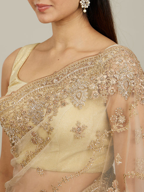 Mohey Warm Beige Bel Buti Patterned Stone Work Saree