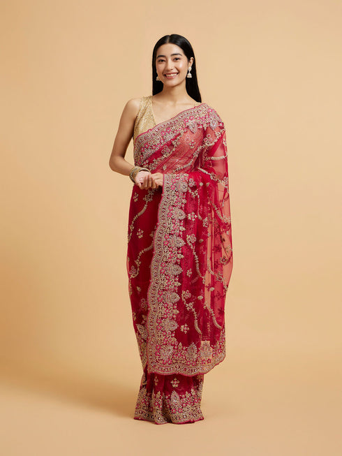 Mohey Rani Red Floral Bel Embroidered Saree with Stone Studded Buta Embroidery