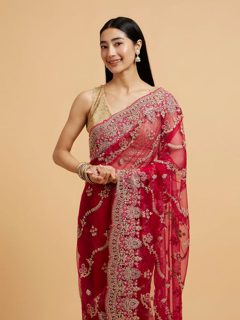 Mohey Rani Red Floral Bel Embroidered Saree with Stone Studded Buta Embroidery
