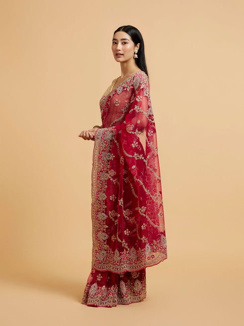 Mohey Rani Red Floral Bel Embroidered Saree with Stone Studded Buta Embroidery