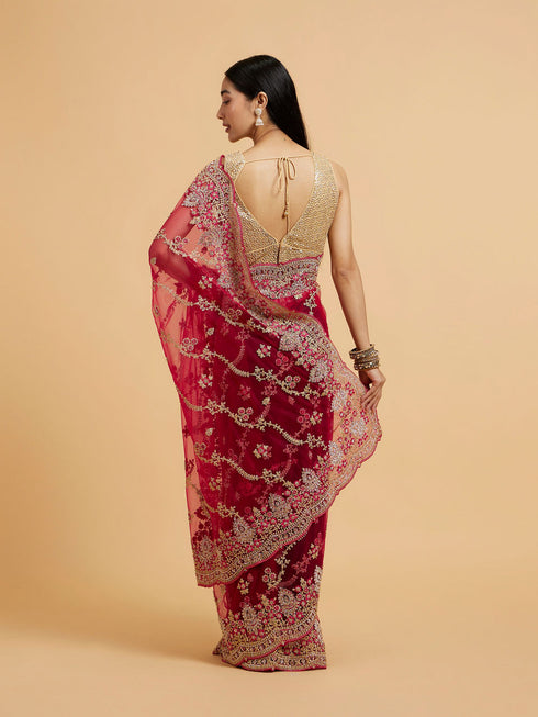 Mohey Rani Red Floral Bel Embroidered Saree with Stone Studded Buta Embroidery
