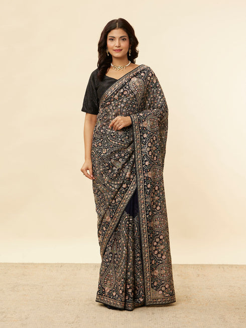 Mohey Midnight Blue Paisley Embroidered Sequined Saree