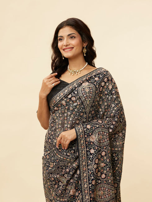 Mohey Midnight Blue Paisley Embroidered Sequined Saree