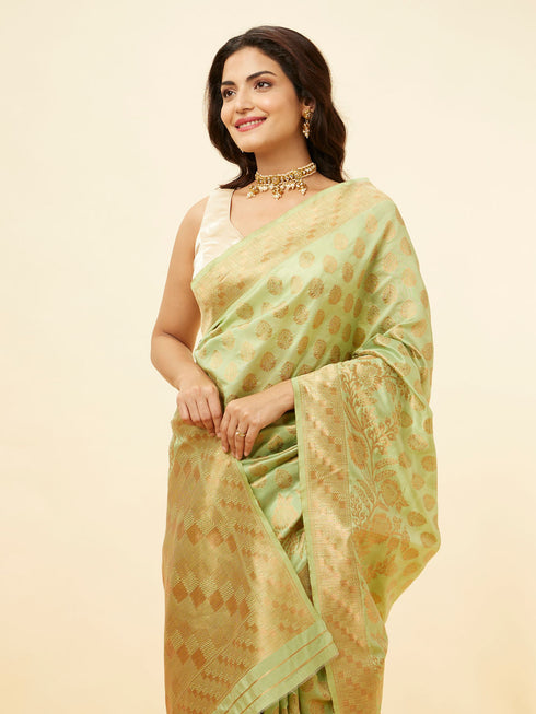 Mohey Pista Green Floral Zari Work Saree