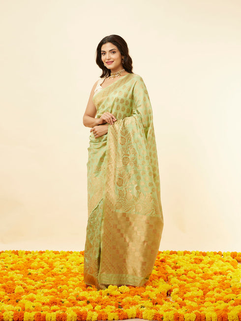 Mohey Pista Green Floral Zari Work Saree