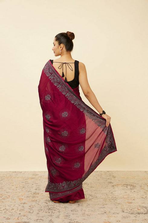 Mohey Rouge Red Stone Work Saree with Floral Patterns