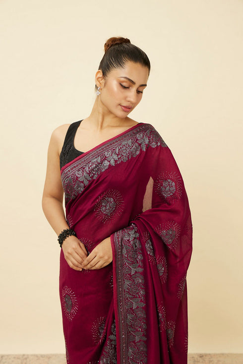 Mohey Rouge Red Stone Work Saree with Floral Patterns
