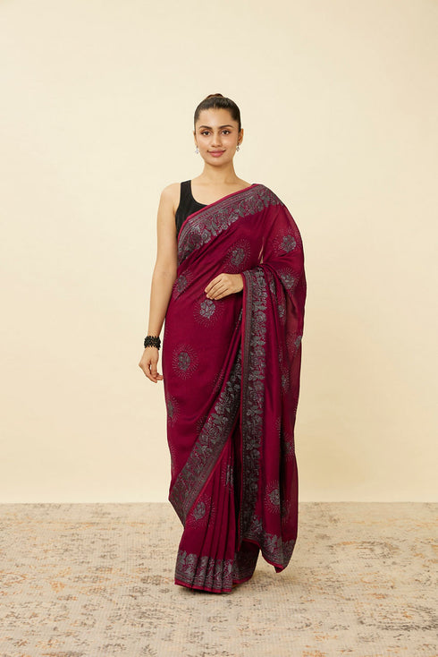 Mohey Rouge Red Stone Work Saree with Floral Patterns