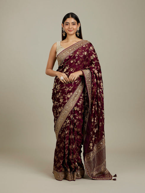 Mohey Ruby Red Floral Zari Work Bridal Saree