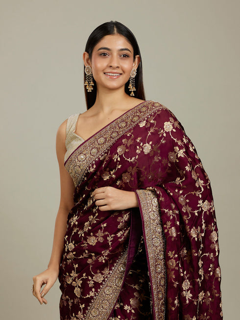 Mohey Ruby Red Floral Zari Work Bridal Saree