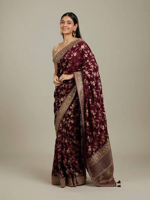 Mohey Ruby Red Floral Zari Work Bridal Saree