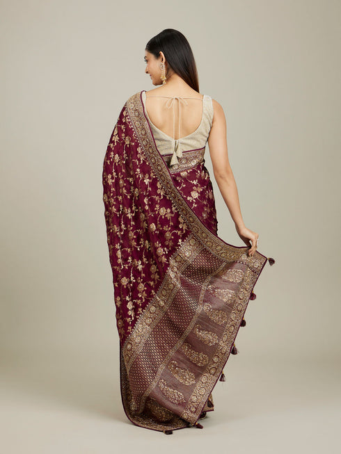 Mohey Ruby Red Floral Zari Work Bridal Saree