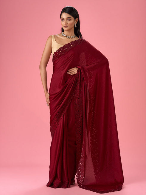 Mohey Maroon Splendor Satin Saree
