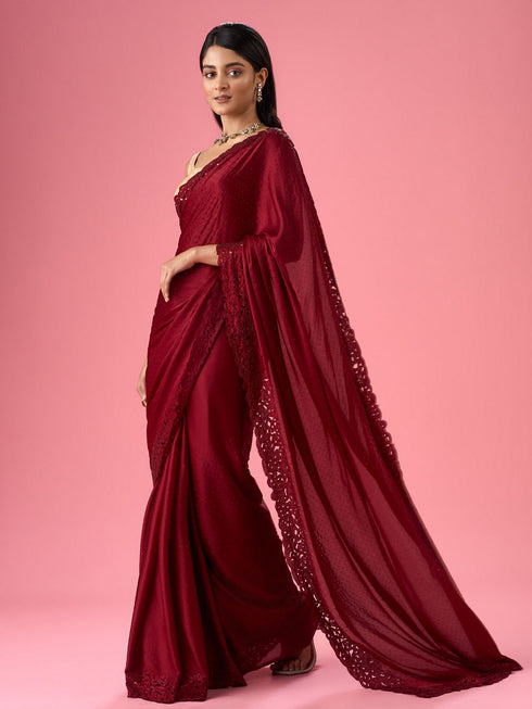 Mohey Maroon Splendor Satin Saree