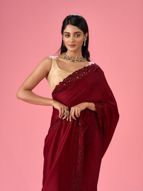 Mohey Maroon Splendor Satin Saree