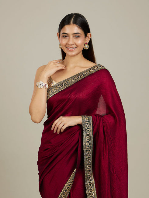 Mohey Rose Red Embroidered Border Saree