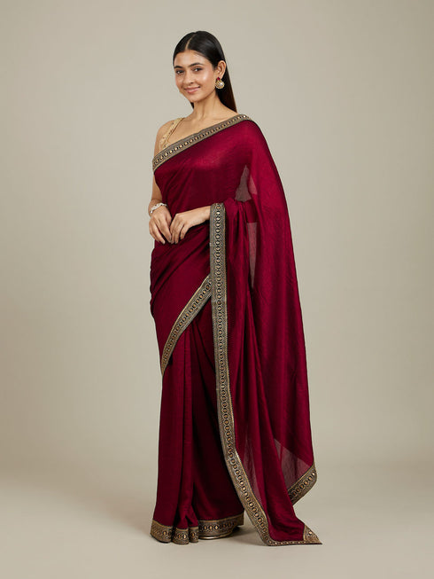 Mohey Rose Red Embroidered Border Saree