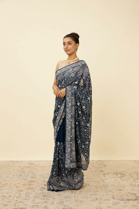 Mohey Indigo Blue Paisley Patterned Saree