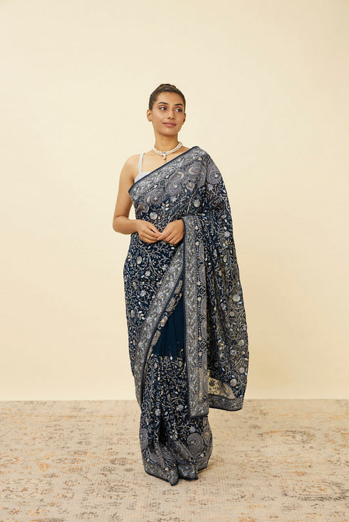 Mohey Indigo Blue Paisley Patterned Saree