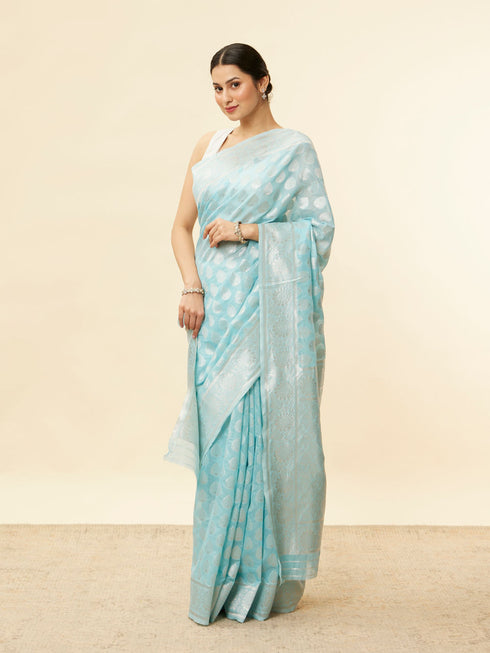 Mohey Aquamarine Blue Leaf Patterned Zari Work Saree