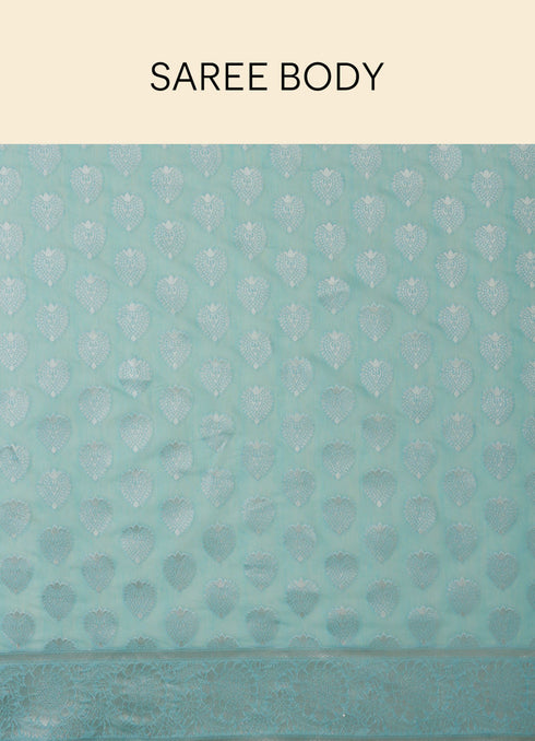 Mohey Aquamarine Blue Leaf Patterned Zari Work Saree