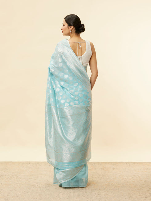 Mohey Aquamarine Blue Leaf Patterned Zari Work Saree