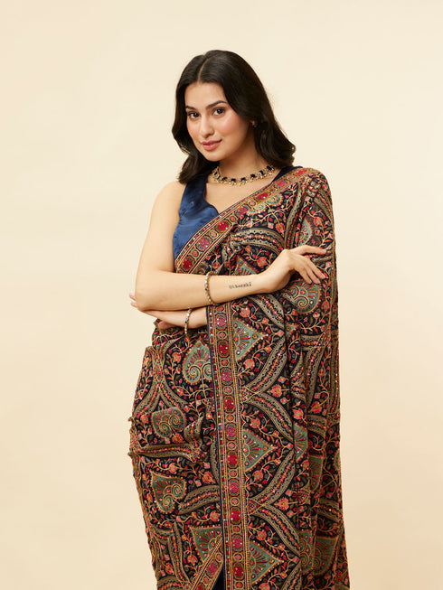 Mohey Sapphire Blue Paan Motif Sequined Saree