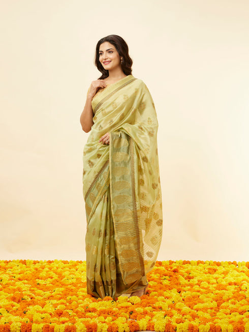 Mohey Pista Green Fern and Paisley Motif Saree