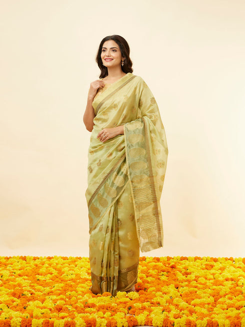 Mohey Pista Green Fern and Paisley Motif Saree
