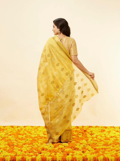Mohey Sunlit Yellow Fern and Paisley Motif Saree