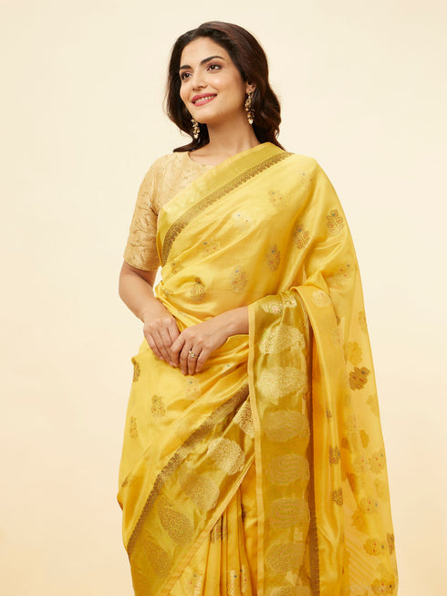 Mohey Sunlit Yellow Fern and Paisley Motif Saree