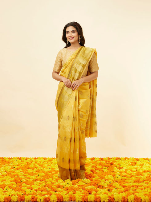 Mohey Sunlit Yellow Fern and Paisley Motif Saree