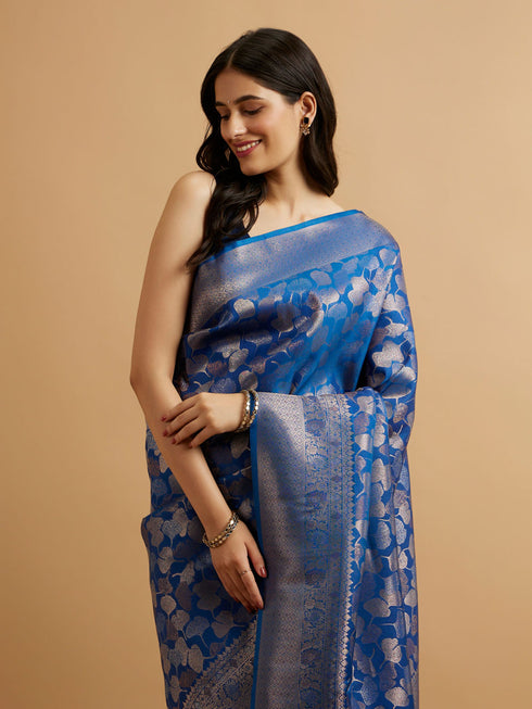 Mohey Indigo Blue Leaf Patterned Saree
