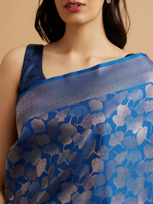 Mohey Indigo Blue Leaf Patterned Saree