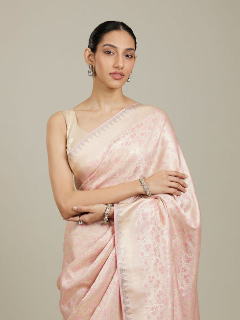 Mohey Cherry Blossom Pink Floral Patterned Zari Work Saree