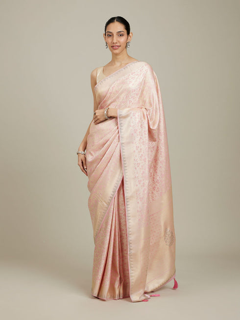 Mohey Cherry Blossom Pink Floral Patterned Zari Work Saree