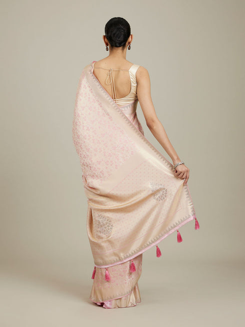 Mohey Cherry Blossom Pink Floral Patterned Zari Work Saree